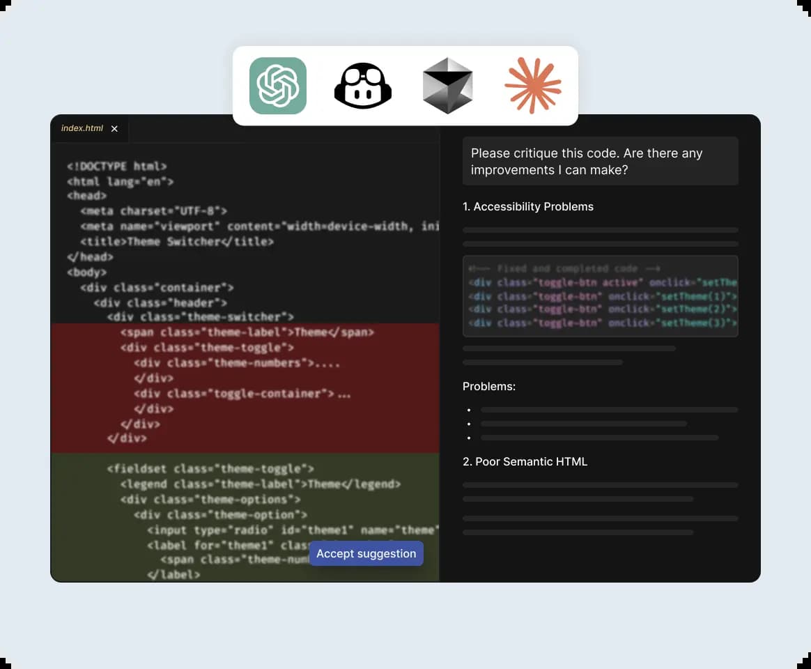 Code editor with AI chat and icons of a few popular AI tools