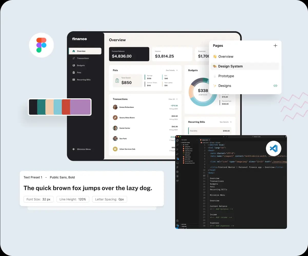 Design mockup with components and color scheme, and a code editor.