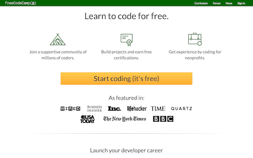 Screenshot for the freeCodeCamp website