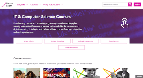 Screenshot for the Future Learn website