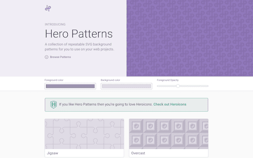 Screenshot for the Hero Patterns website