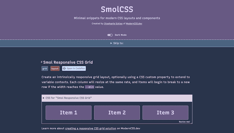 Screenshot for the SmolCSS website