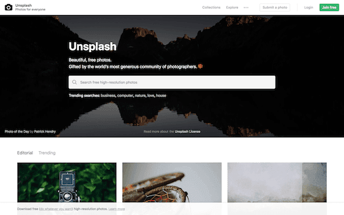 Screenshot for the Unsplash website